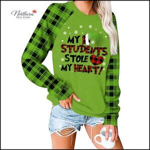 Long Sleeve Raglan Sweatshirt Christmas Graphic Plaid Holiday Pull-On S-XXL